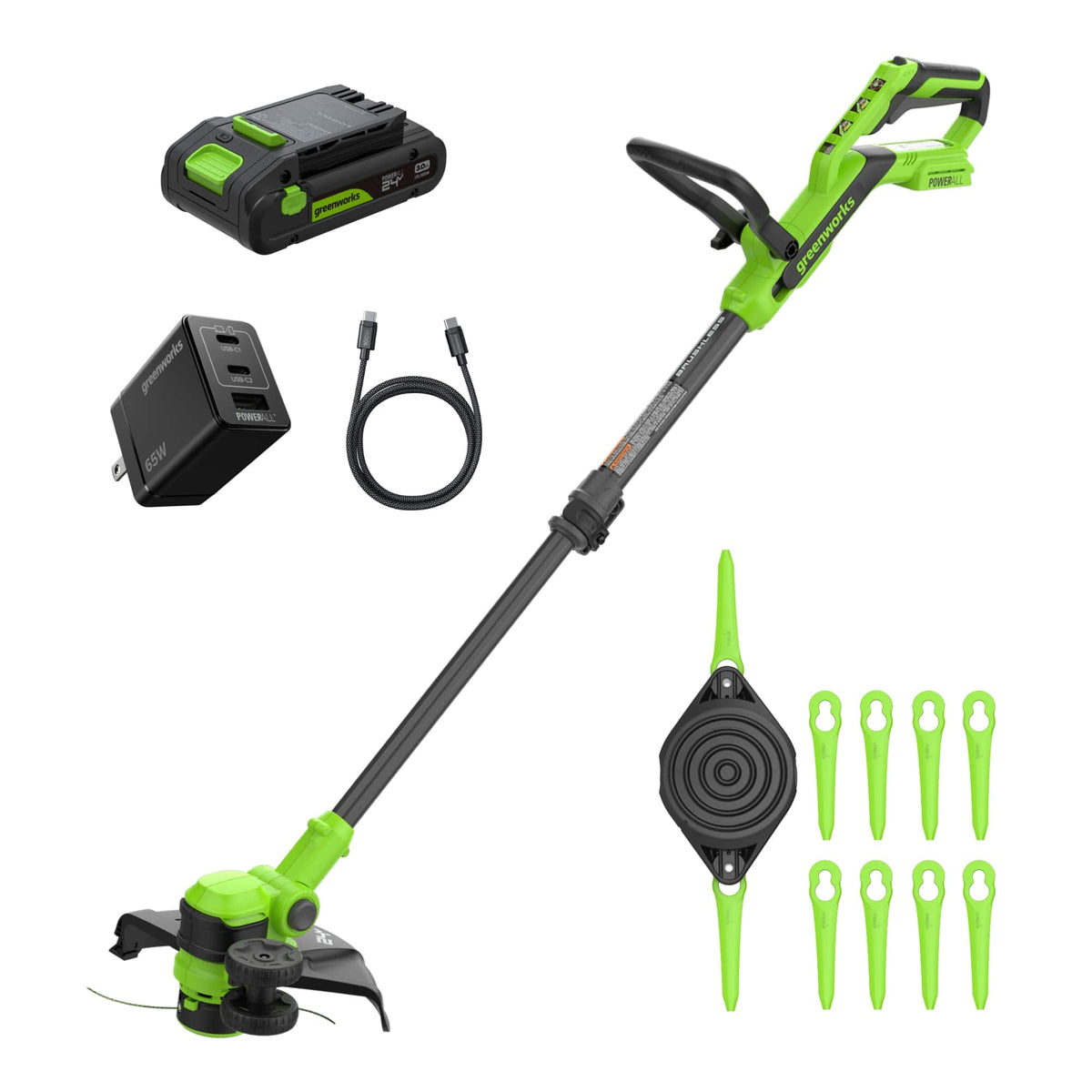 Greenworks - 24V 12" Brushless String Trimmer Kit, 2-in-1 Trimmer/Edger - 3Ah Battery and Charger
