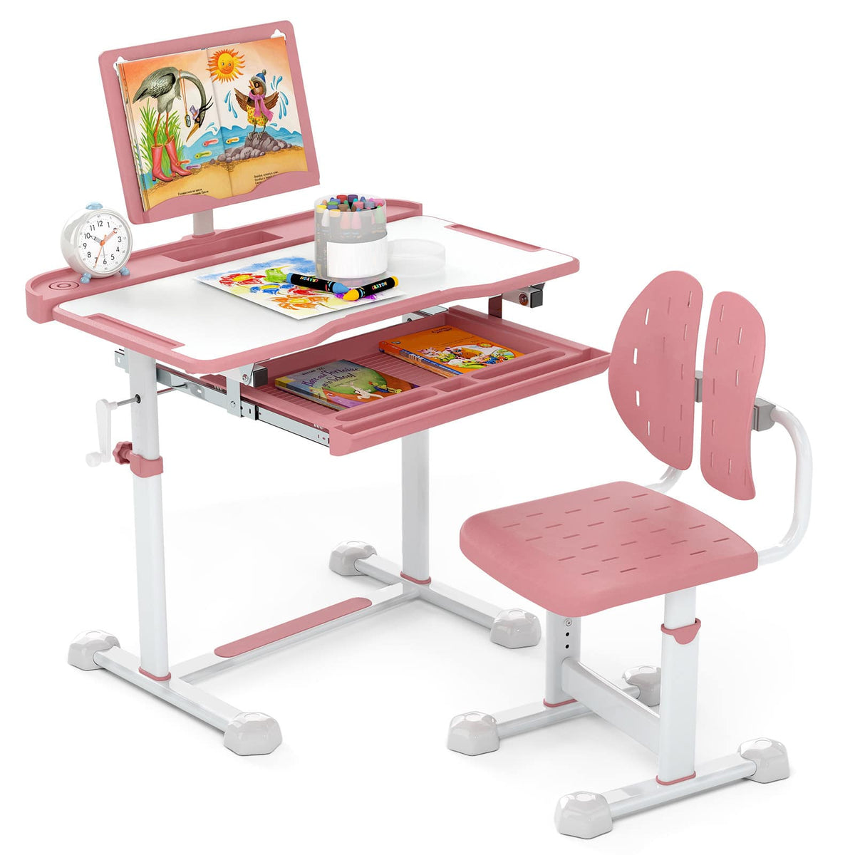 Gymax - Kid's Study Desk & Chair Set w/Tilt Desktop Book Stand Footrest Bar for Toddlers Pinl - Pink