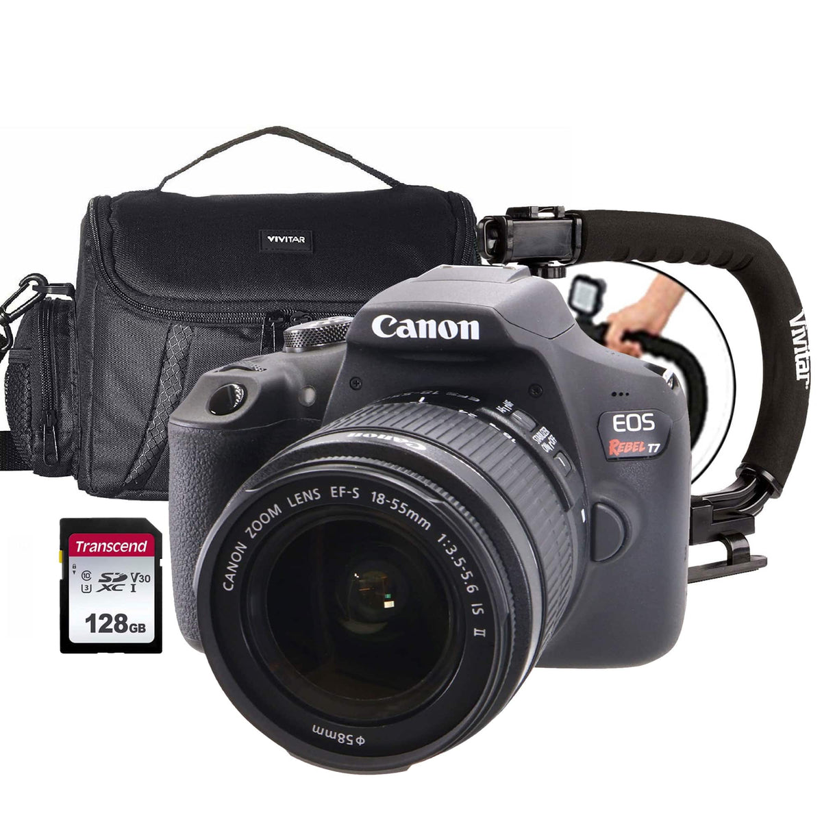 Canon - EOS Rebel T7 DSLR Camera, 18-55mm IS STM Lens, 128GB Card, Vivitar VPT200 Sports Action Grip Accessory Kit - Black