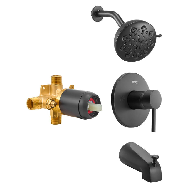 Front. VEVOR - Tub and Shower Faucet Set, Complete with 4.7-Inch Rainfall Shower Head and Bathtub Spout, 9-Setting Adjustable Spray - Black.