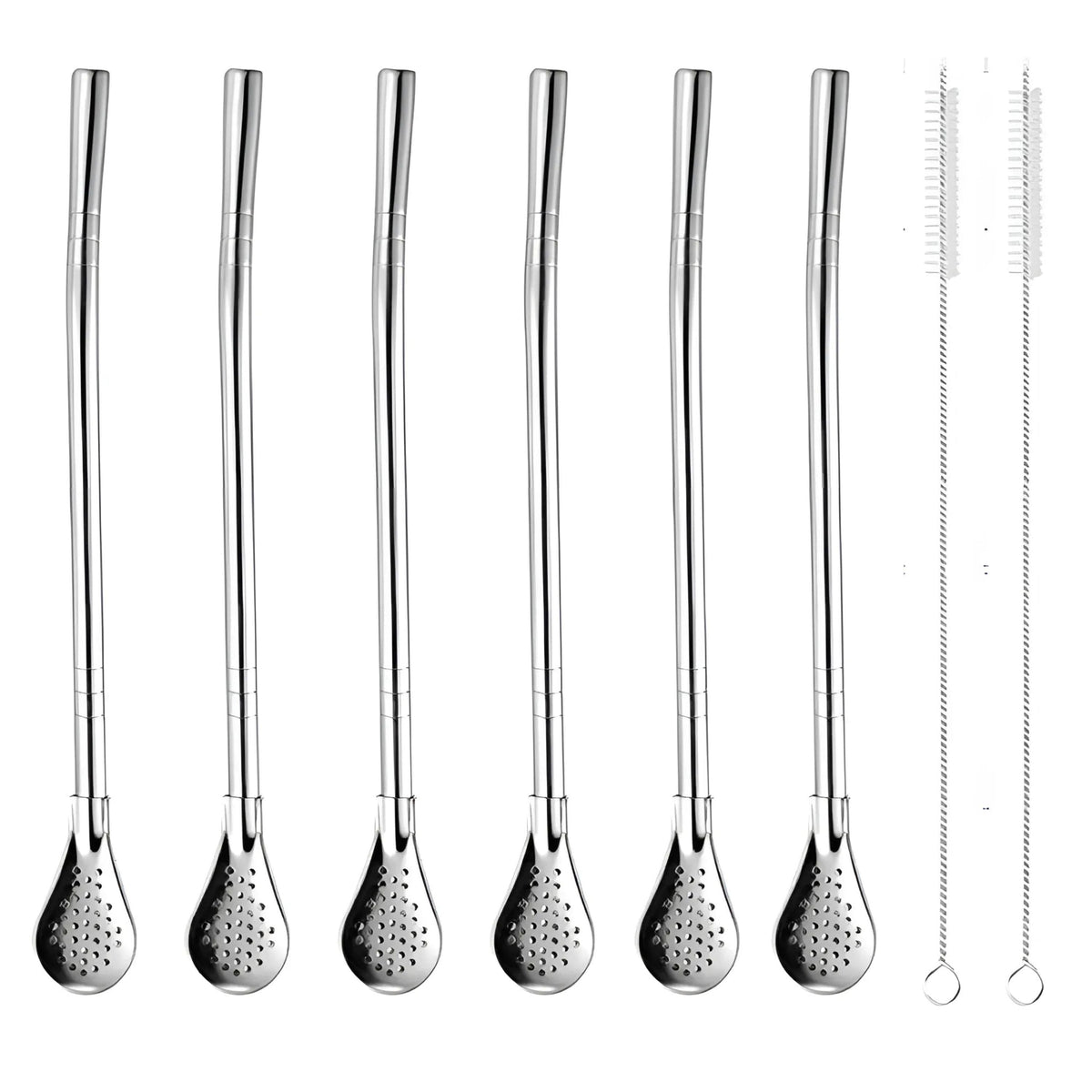 Kitcheniva - 6 Pcs Stainless Steel Reusable Drinking Straw Set With Filter Spoon & Brushes - Silver
