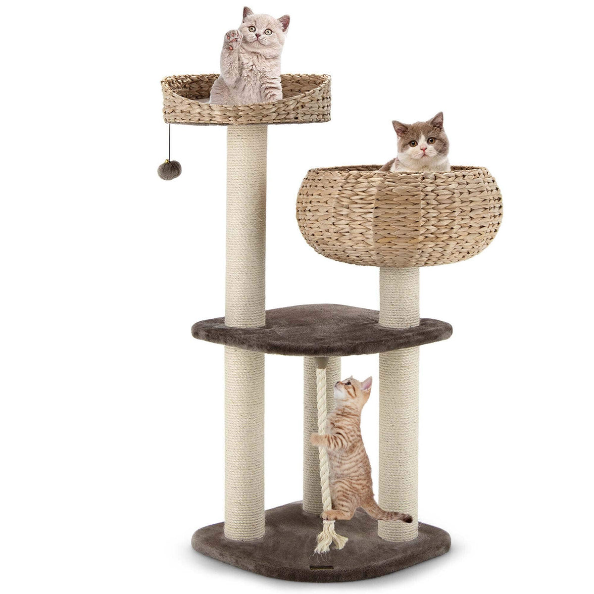 Costway - 41" Hand-Made Cat Tree Tower Natural Bowl Shaped w/ 2 Perch - Beige, Coffee