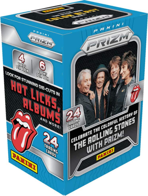 Sure, here is the corrected and grouped text from the image:

---

**Panini Prizm**

**4 CARDS PER PACK**  
**6 PACKS PER BOX**

**LOOK FOR STUNNING DIE-CUTS IN ALBUMS, HOT LICKS, AND MORE!**

**24 TRADING CARDS**

**CELEBRATE THE COLORFUL HISTORY OF THE ROLLING STONES WITH PRIZM!**

**24 TRADING CARDS**

**Panini**

---

This text is organized to reflect the information and layout on the box.