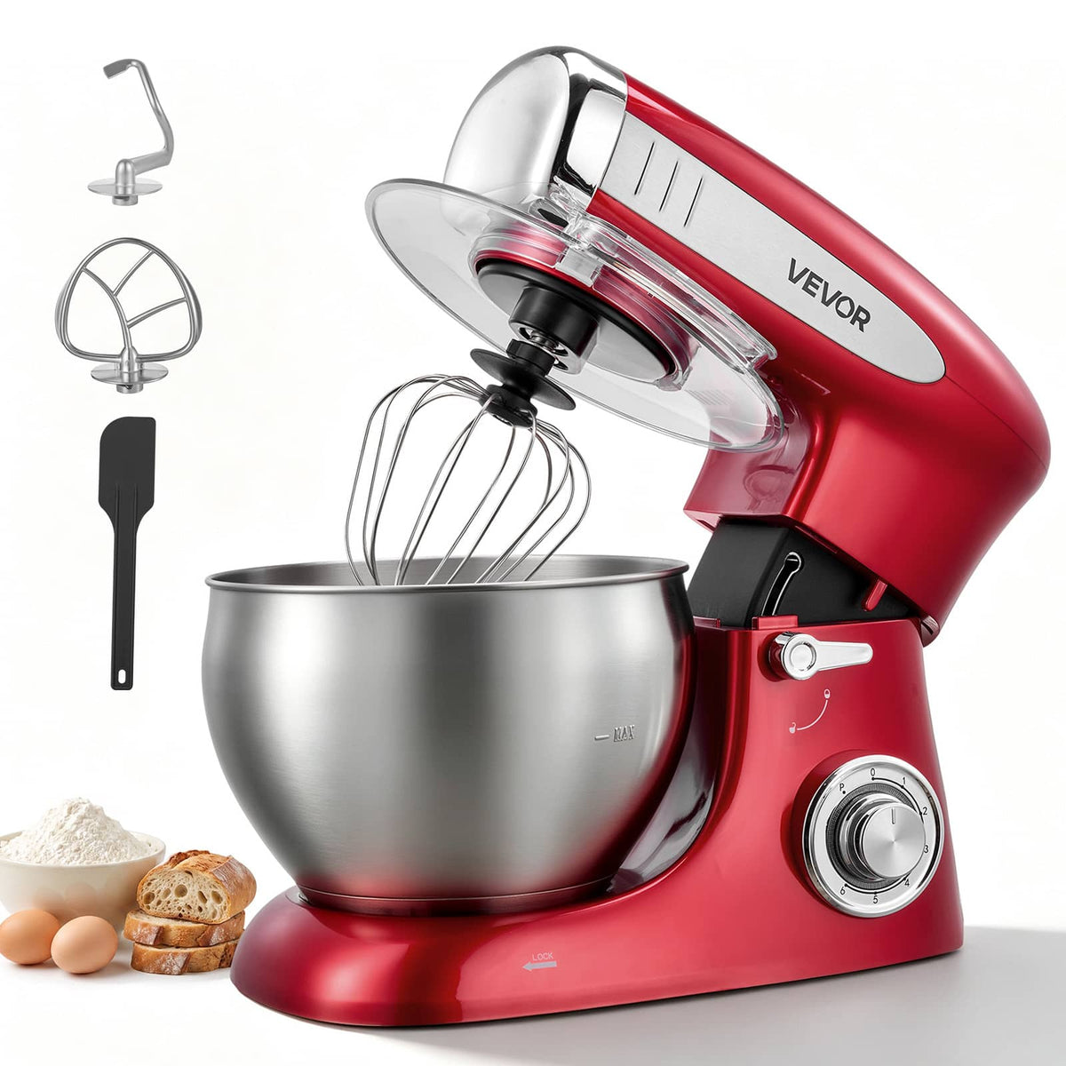 VEVOR - 7.4 Qt Tilt Head Stand Mixer 500W Electric Dough Mixer, 6 Speeds with Pulse Food Kitchen Mixer with Stainless Steel Bowl - Red;Silver