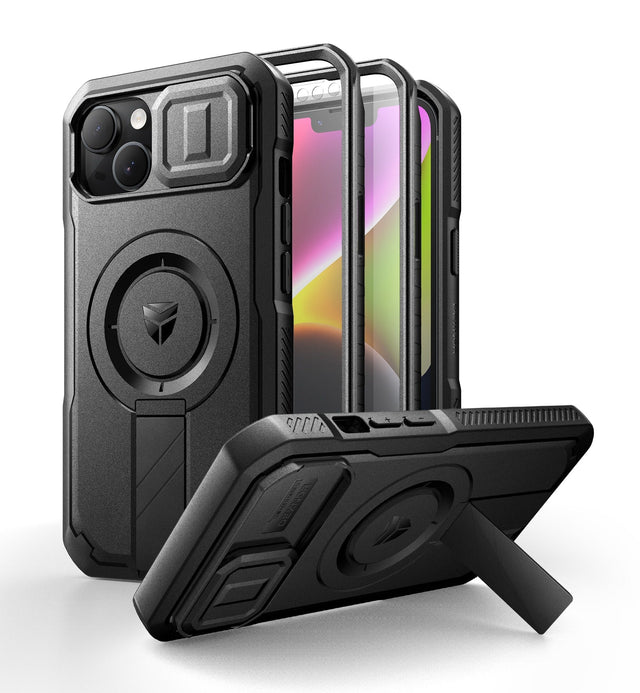 Front. Dexnor - for iPhone 14/13 Magnetic Case with Camera Cover & Adjustable Kickstand & Built-in Screen Protector - Black.