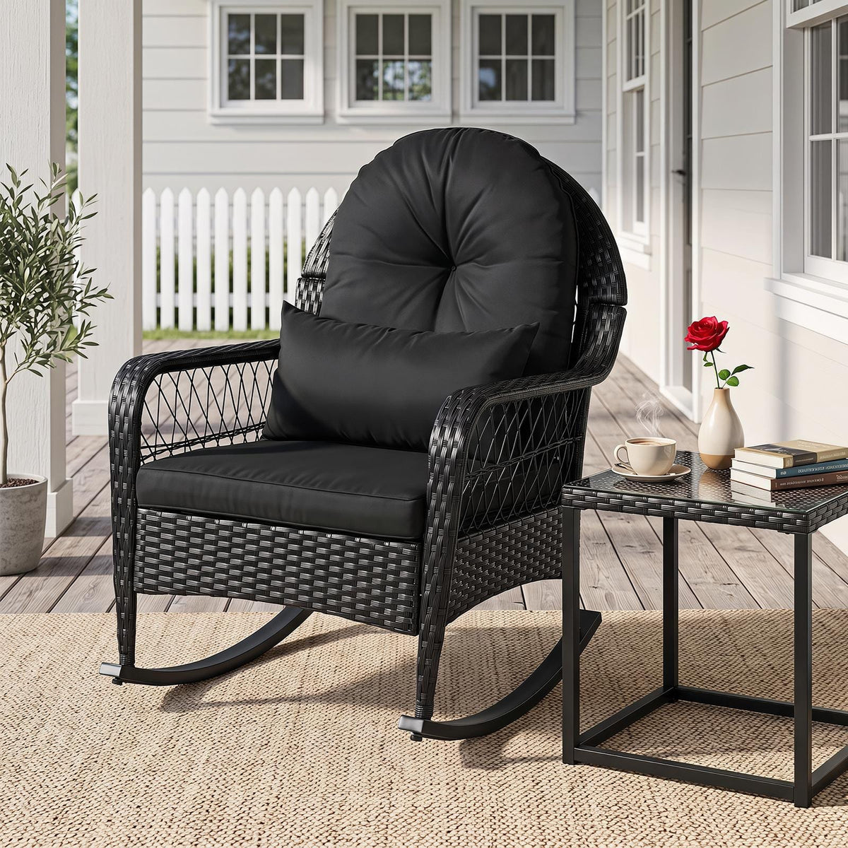 Costway - 1 PCS Outdoor Wicker Rocking Chair, 400 LBS Patio Rattan Rocker Chair with Thick Cushions - Black