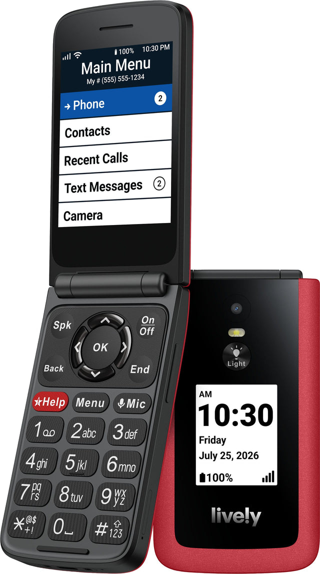 10:30 PM 100% Main Menu # (555) 555-1234 My Phone 2 Contacts Recent Calls 2 Text Messages Camera Spk OK On Off Back End Light Help Menu Mic 100 1 abc 2 def 3 ghi 4 jkl 5 mno 6 pq rs 7 tuv 8 9 WX yz @$ +! 0 [ # 123 AM 10:30 Friday July 25, 2026 100% lively