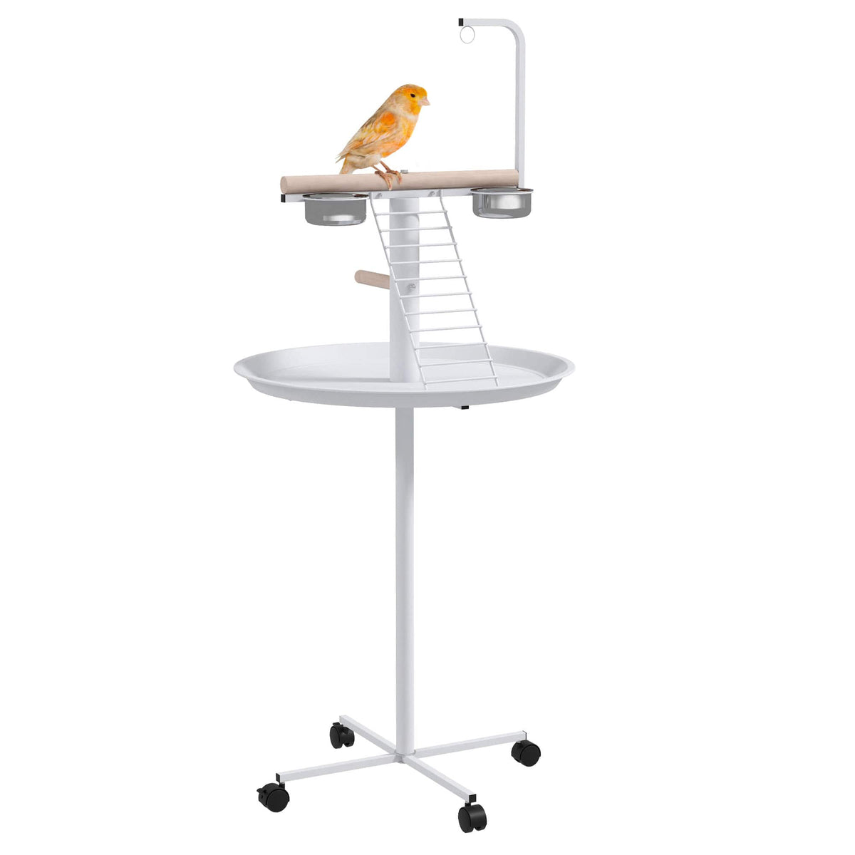 Pawhut - Bird Stand, Parrot Stand with Wheels, Perches, Stainless Steel Feed Bowls, Round Tray, Bird Play Stand, Indoor Outdoor - White