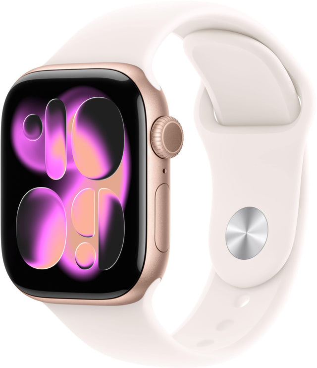 Front. Apple - Apple Watch Series 11 (GPS) 42mm Rose Gold Aluminum Case with Light Blush Sport Band - M/L - Rose Gold.