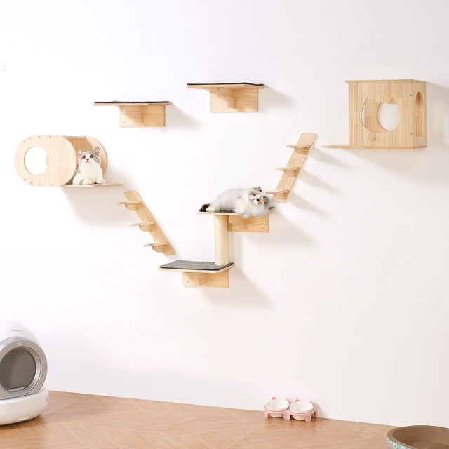 Front. VEVOR - Wall Mounted Cat Shelves, Cat Wall Shelves and Perches with Jumping Boards,  Cat Beds, Hammocks & Cat Tree - Natural.