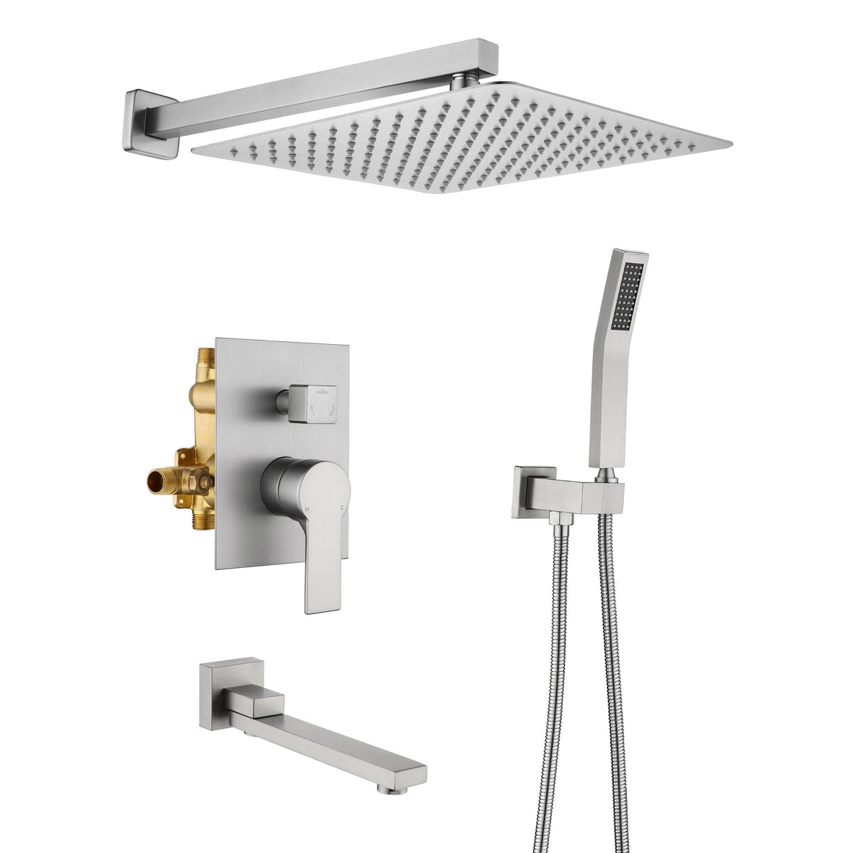 Boyel Living - Wall Mount Single Handle Tub and Shower Faucet with Fixed Shower 12 Inch Valve Included - Brushed Nickel