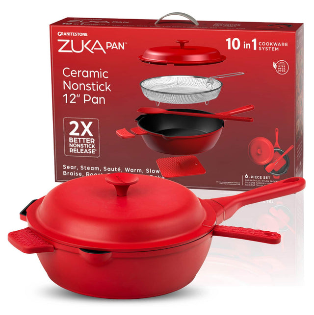 GRANITESTONE  
ZUKA PAN™  

Ceramic Nonstick 12" Pan  

2X BETTER NONSTICK RELEASE*  

Sear, Steam, Sauté, Warm, Slow Braise, Poach  

10 in 1 COOKWARE SYSTEM  

6-PIECE SET  

*Easier to Clean, Nonstick, PFOA Free  

*Easier to Clean, Nonstick, PFOA Free