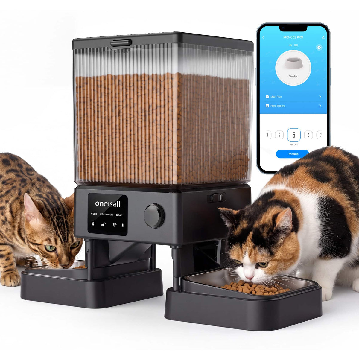 Oneisall - 5L/169oz Wi-Fi Dual Bowl Automatic Cat Feeder,App Control,Stainless Steel,Voice Recording,Timed Feeding, Dual Power - Black
