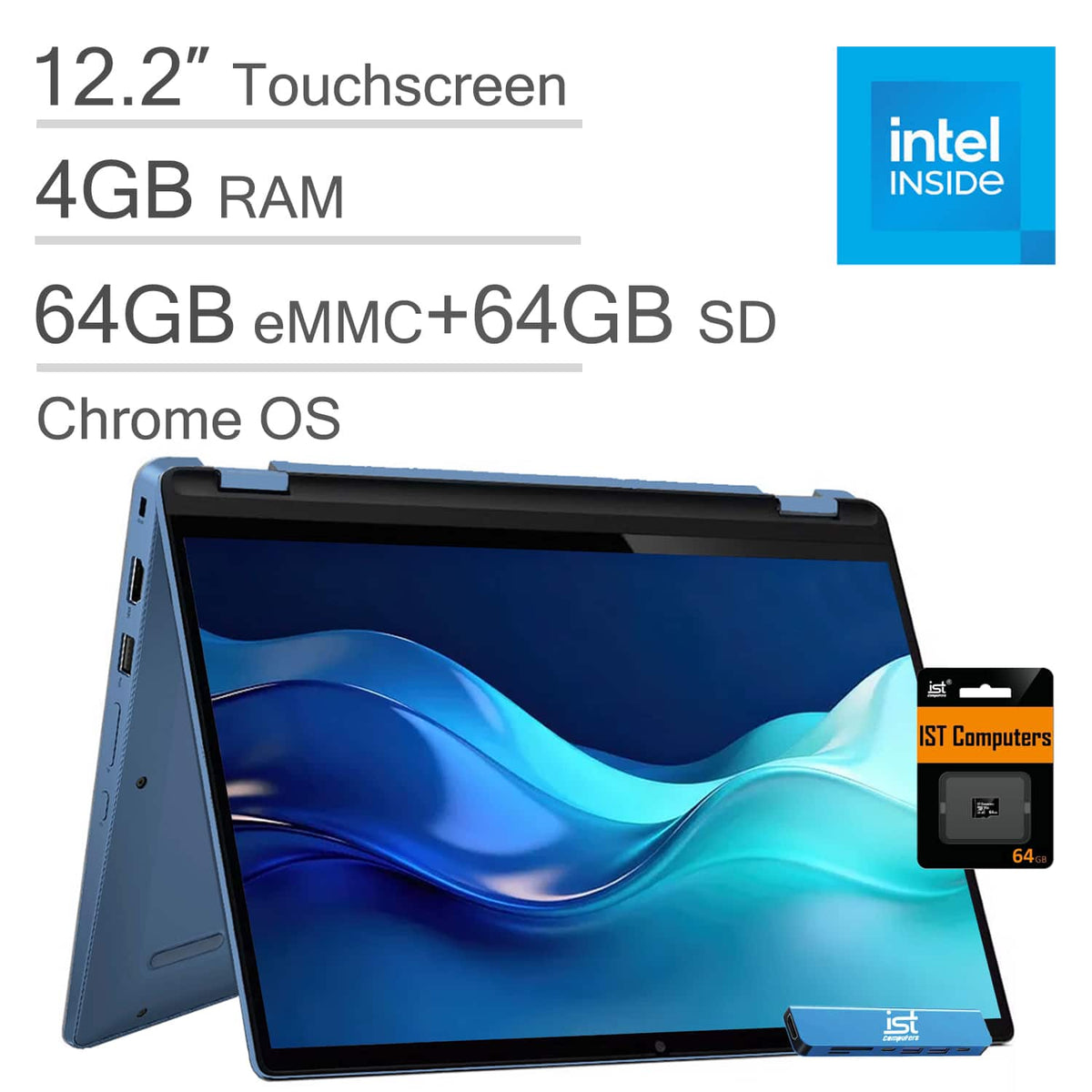 Lenovo - IdeaPad Flex 3i 12.2" FHD+ Touchscreen Chromebook Laptop - Intel N100 2023 - 4GB Memory - 64GB + 64GB SD Card - Abyss Blue