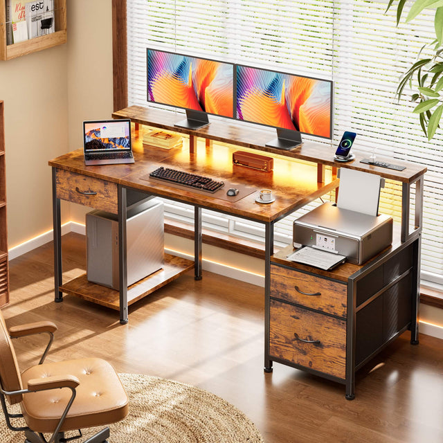 Front. Furnulem - Computer Desk With Drawers Power Outlet Gaming Desk With Storage Shelves for Home Office Desk - Brown.