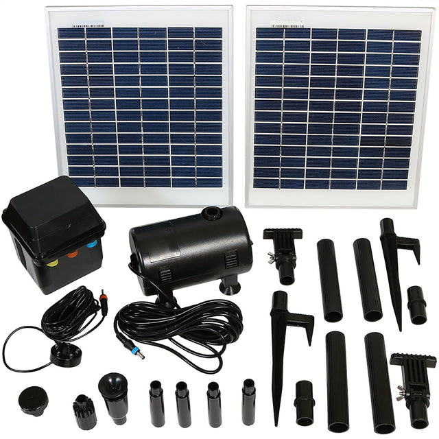Front. Sunnydaze - 396 GPH Solar Pump and Panel Kit with Battery and Light - Black.