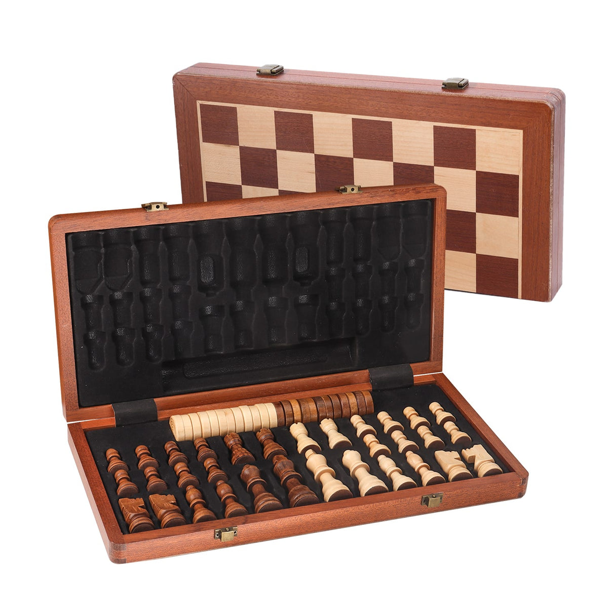 GSE Games & Sports Expert - 15" Large Wooden Folding 2-in-1 Chess and Checkers Board Game Set with Chess Storage Slots Drawer