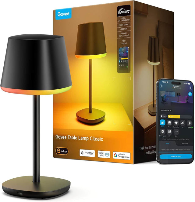 Govee RGBIC Table Lamp Classic  
Indoor  
Matter  
Works with Alexa  
Works with Google Home  

- 500lm  
- CRI > 85  
- 2700K-6500K  
- 4800mAh  
- 25000H (for LED light)  
- App Control  

Style Your Room with and Tunable Light  

Govee Table Lamp Classic