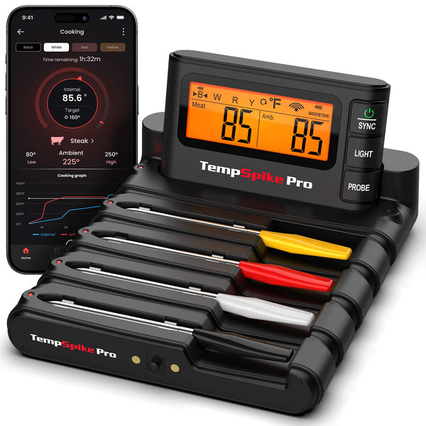 ThermoPro - TempSpike Pro WiFi Bluetooth Wireless Meat Thermometer with 4 Probes, Unlimited Range & Detachable Thin Probes - Black