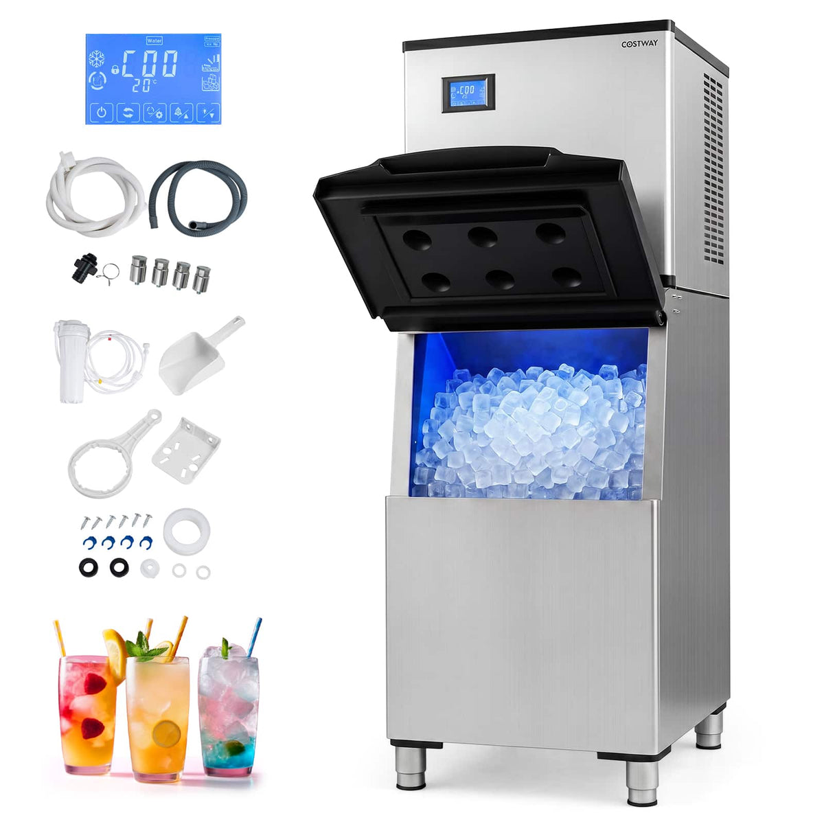 Costway - Commercial Ice Maker 450 lbs/24H Ice Machine with 250 lbs Storage Bin Self-cleaning - Silver + Black