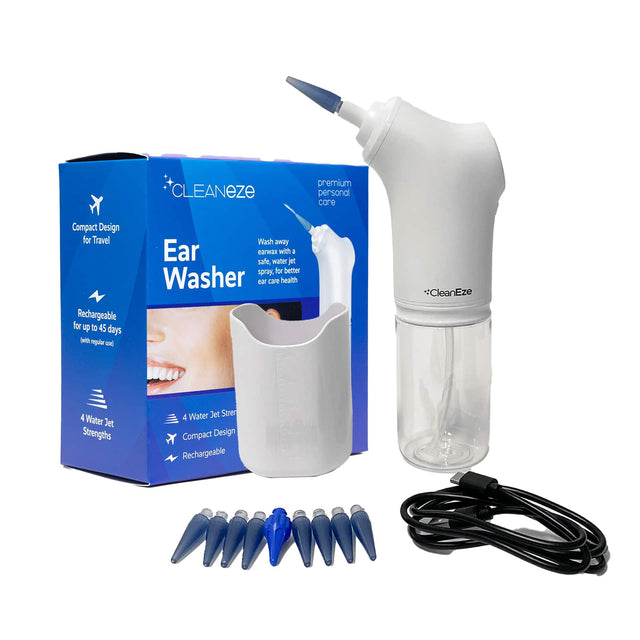 CLEANEZE premium personal care Compact Design for Travel Rechargeable for up to 45 days. Wash away earwax with a safe, water jet spray, for better ear care health. 4 Water Jet Strengths. Compact Design. Rechargeable.