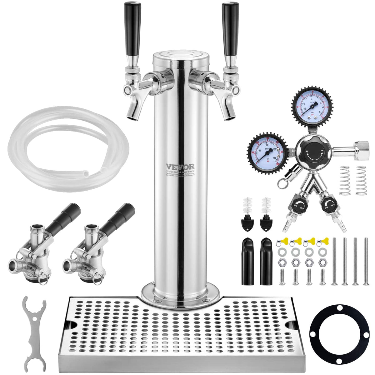 VEVOR - Kegerator Tower Kit, Dual Taps Beer Conversion Kit, Stainless Steel Keg Beer Tower Dispenser with Dual Gauge CGA320 - Silver