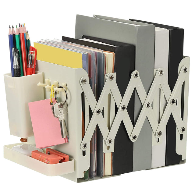 Front. Unique Bargains - Adjustable Book Ends, 7.5" Tall Heavy Duty Metal Adjustable Bookends, with Removable Pen Holder Tray and 3 Hook-up - White.
