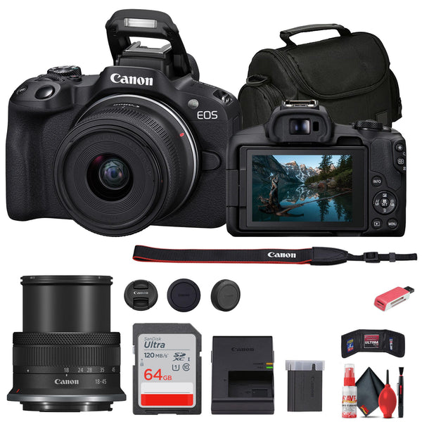Bundle - Canon - EOS R50 Mirrorless Camera with 18-45mm Lens + 64GB Card + Bag + More - Black Basic