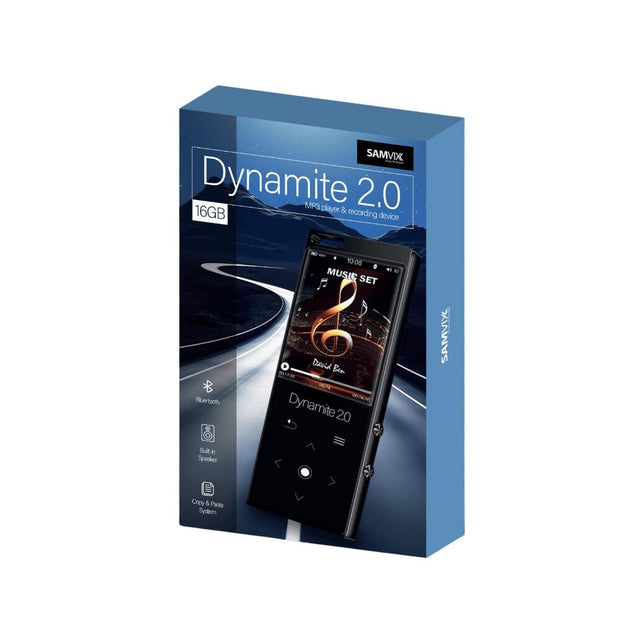 SAMVIX Dynamite 2.0 MP3 Player & Recording Device  
16GB  
Bluetooth  
Built-in Speaker  
Copy & Paste System  

MUSIC SET  
David Eer - 10:08  
Dynamite 20  

SAMVIX
