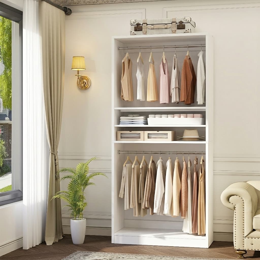 Aheaplus - 36'' Upgraded Closet System, 3FT Freestanding Closet Organizer with 2 Hanging Rods and Adjustable Shelves, 600 LBS Load - White