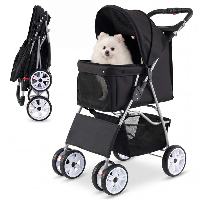 Front. Gymax - Gymax 4-Wheel Pet Stroller for Dogs Cats up to 33 LBS Foldable w/ Breathable Mesh Black - Black.