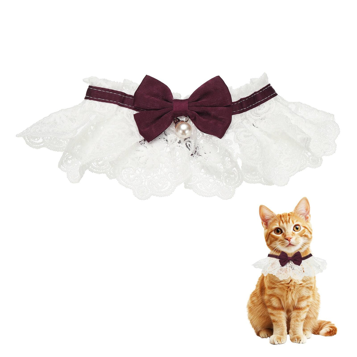 Unique Bargains - Cat Lace Pet Collar, Cute Cat Collar Dog Bibs Pet Bowtie Lace Ruffle Bandana Adjustable and Breakaway - Burgundy