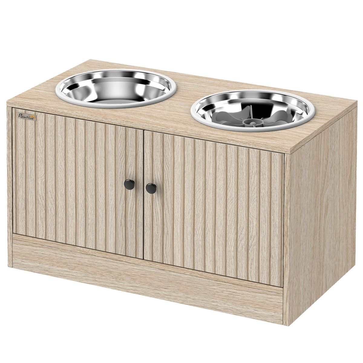 Pawhut - Dog Bowls with Storage Cabinet, 2 Stainless Steel Bowls, Slow Feeder - Oak