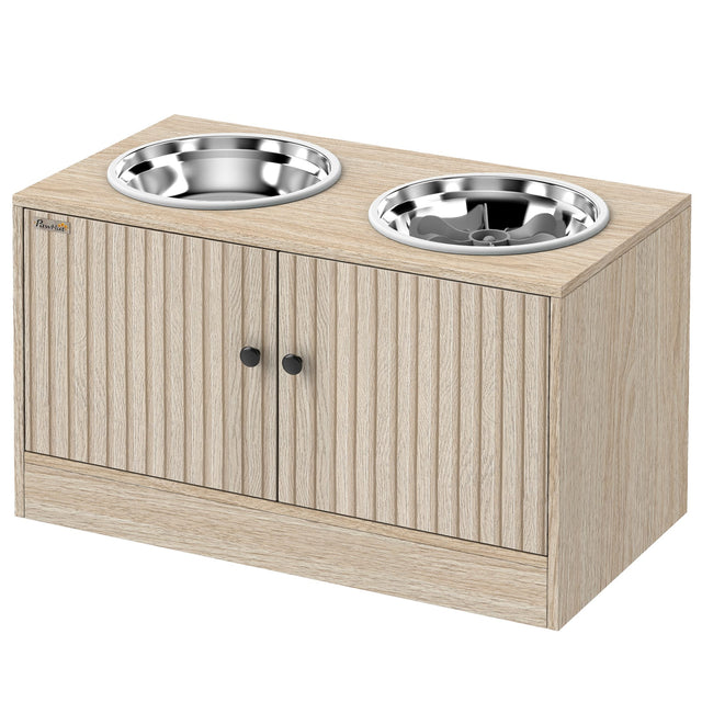 Front. Pawhut - Dog Bowls with Storage Cabinet, 2 Stainless Steel Bowls, Slow Feeder - Oak.