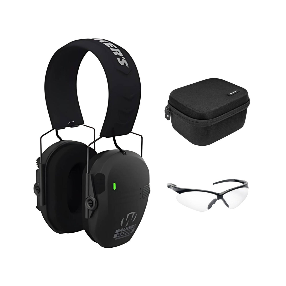 Walker’s - Walker's Razor Rechargeable Muff with Shooting Glasses and Hard Case (3 Items) - Black/Black