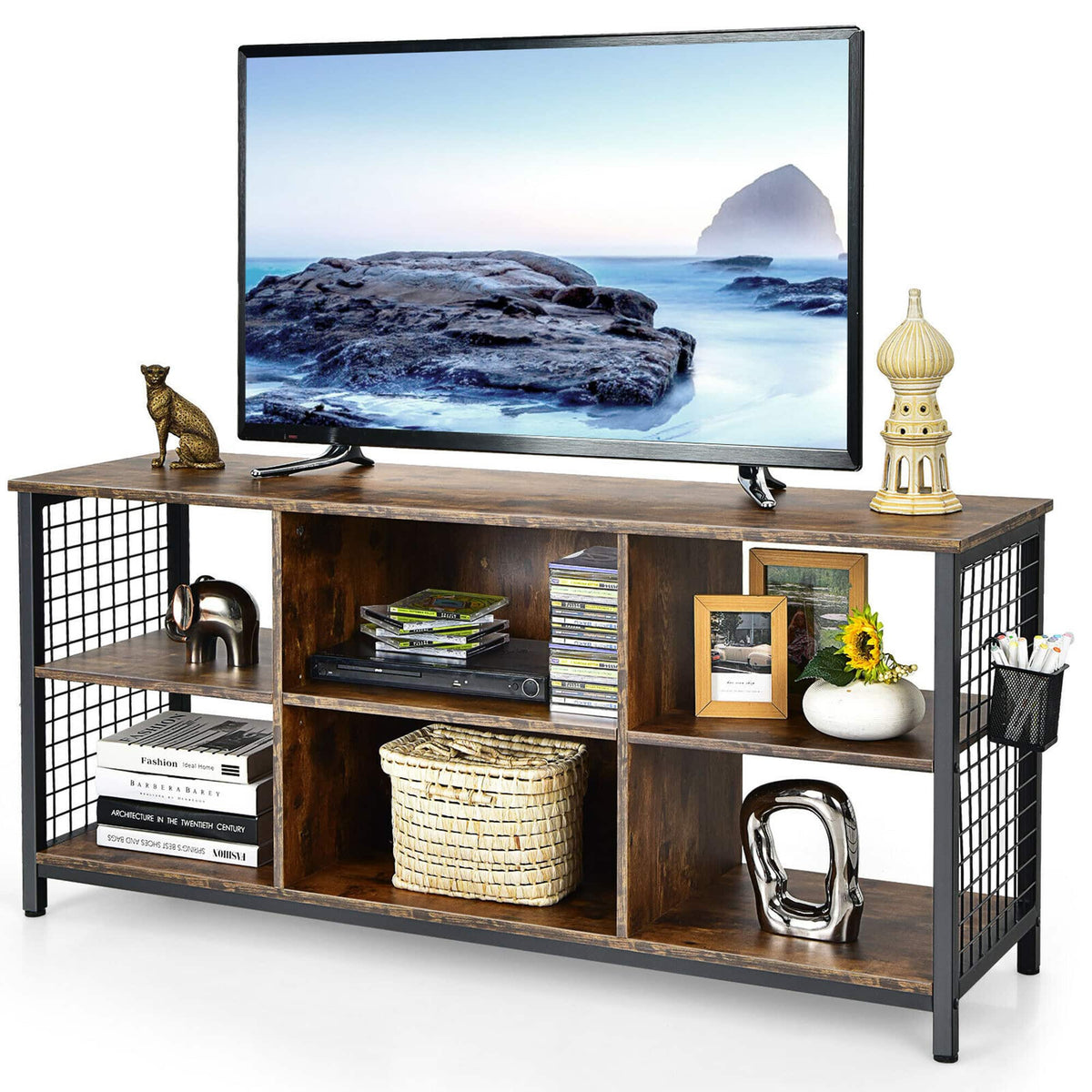 Gymax - 3-Tier TV Stand for TV's up to 65'' Entertainment Media Center w/Storage Basket - Rustic Brown, Black