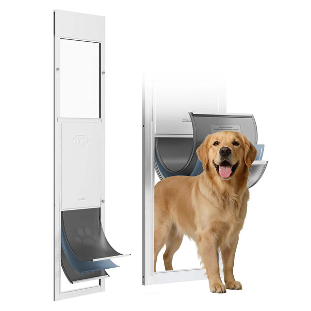 Front. VEVOR - Dog Door for Sliding Glass Door, 75 7/8" to 80 11/16" Adjustable Height, Aluminum Alloy Frame with 3-Layer Flap - White.