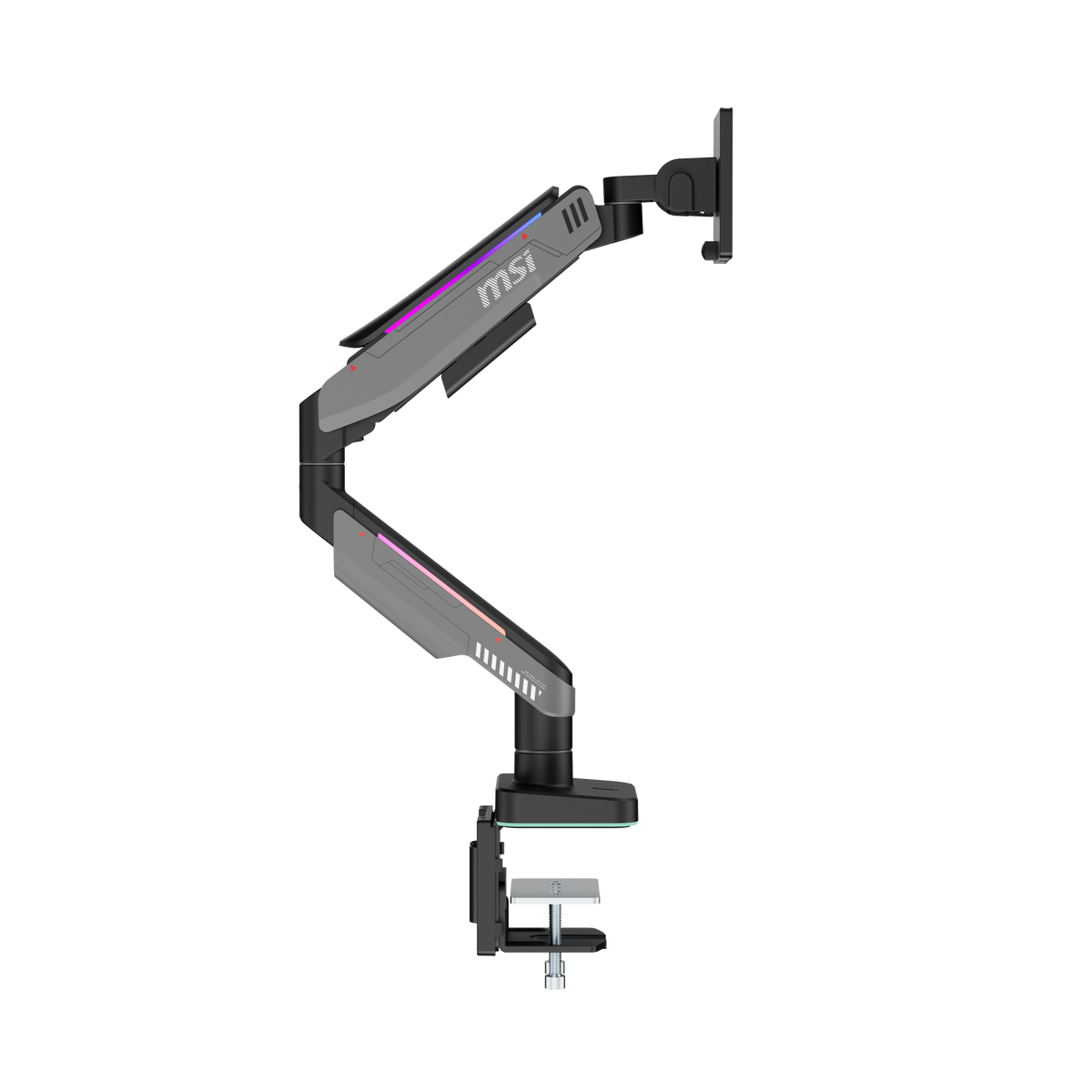 MSI - MPGMT201RV2 Premium RGB Single Monitor Arm–Adjustable Gas Spring Desk Mount,VESA Compatible,17–49in,44 lbs,Clamp&Grommet - Iron Gray
