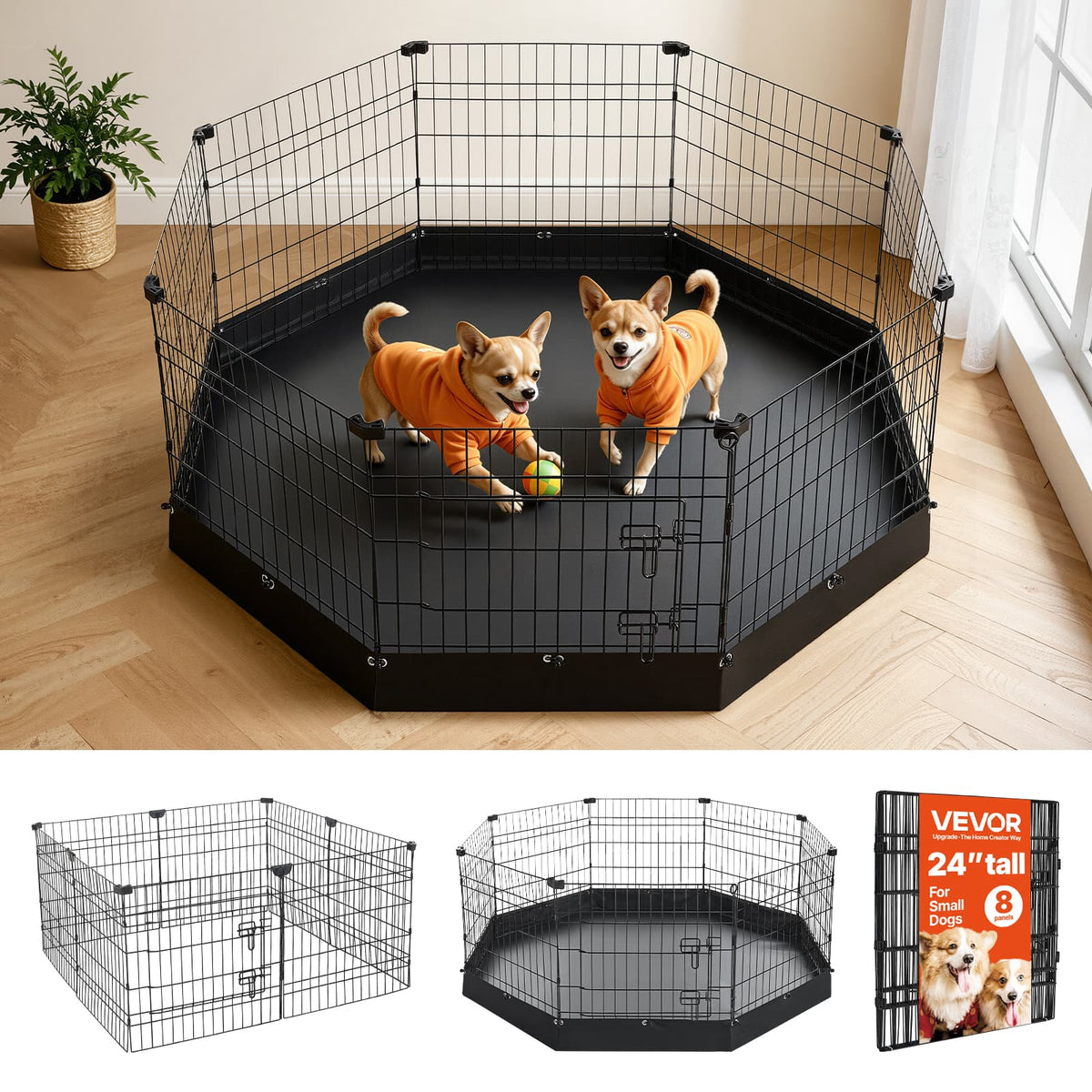 VEVOR - Dog Playpen 24 Inch 8 Panels Heavy Duty Exercise Pen with Bottom Pad, Indoor Foldable Metal Pet Fence with Door - Black