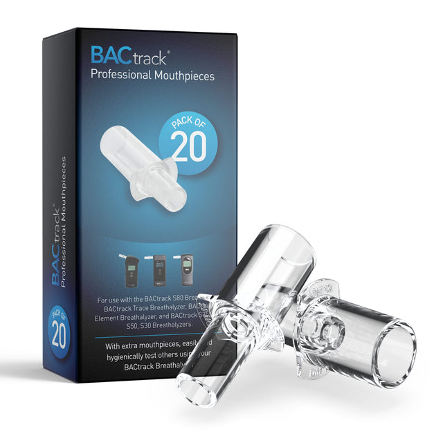 BACtrack Professional Mouthpieces  
PACK OF 20  
For use with the BACtrack S80, BACtrack Trace Breathalyzer, BAC Element Breathalyzer, and BACtrack S50, S30 Breathalyzers.  
With extra mouthpieces, easily hygienically test others using your BACtrack Breathalyzer.