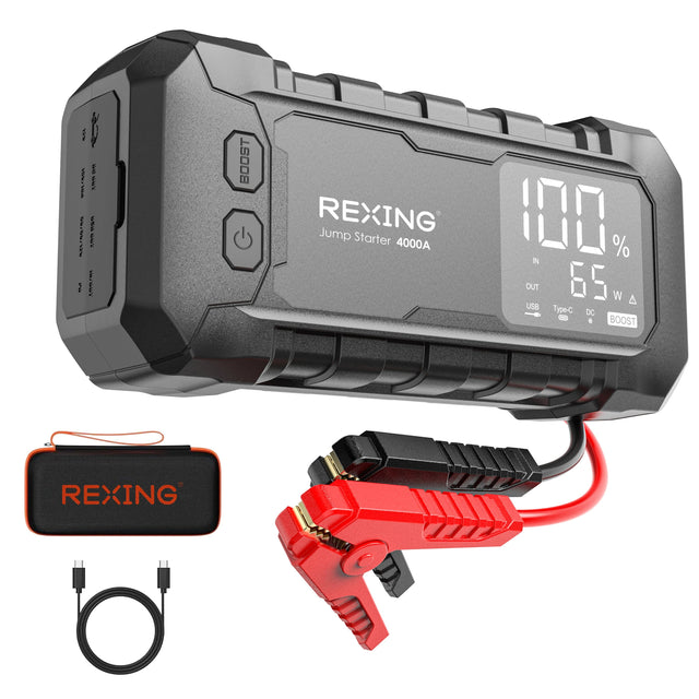 BOOST REXING 100% Jump Starter 4000A  
IN OUT 28 W A USB Type-C DC
