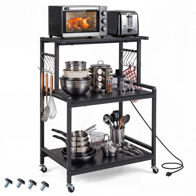 Front. Costway - Costway 3-Tier Kitchen Rolling Microwave Cart with Power Outlet, 10 S-Shaped Hooks - Black.