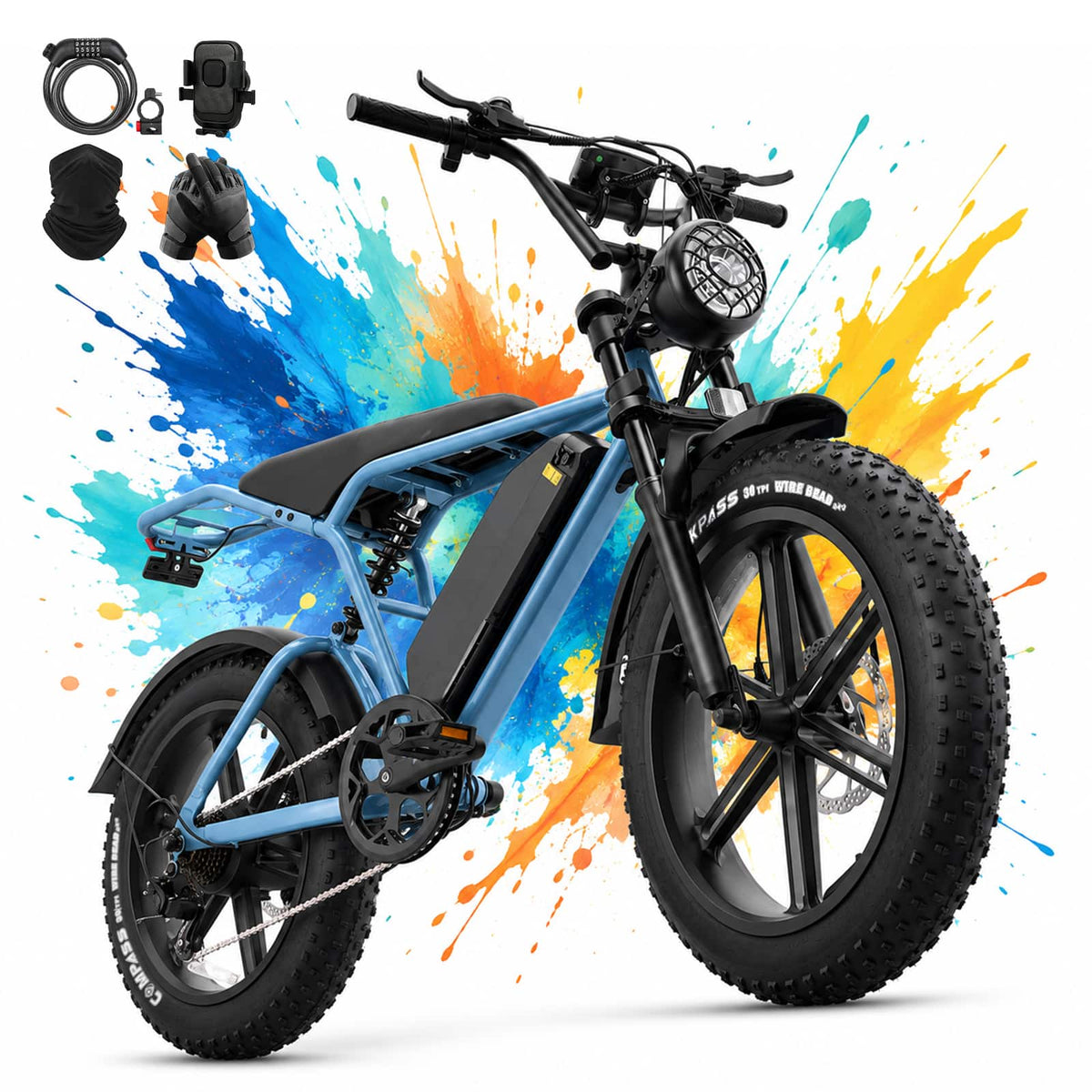 Hover Heart - 20" Fat Tire Electric Mountain Bike 1500W Peak Motor 48V 15Ah 20MPH Full Suspension Hydraulic Disc Brakes Long Range - 61 - Blue