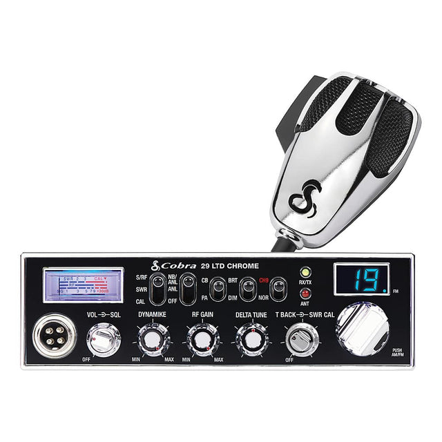 S Cobra 29 LTD CHROME  
S/RF NB/ ANL CB BRT CH9 SWR ANL PA DIM NOR CAL OFF RXTX ANT 19 IM  
VOL-D-SQL VOL SQL DYNAMIKE RF GAIN DELTA TUNE T BACK-D-SWR SWR CAL OFF MIN MAX MIN MAX OFF PUSH AM/PM