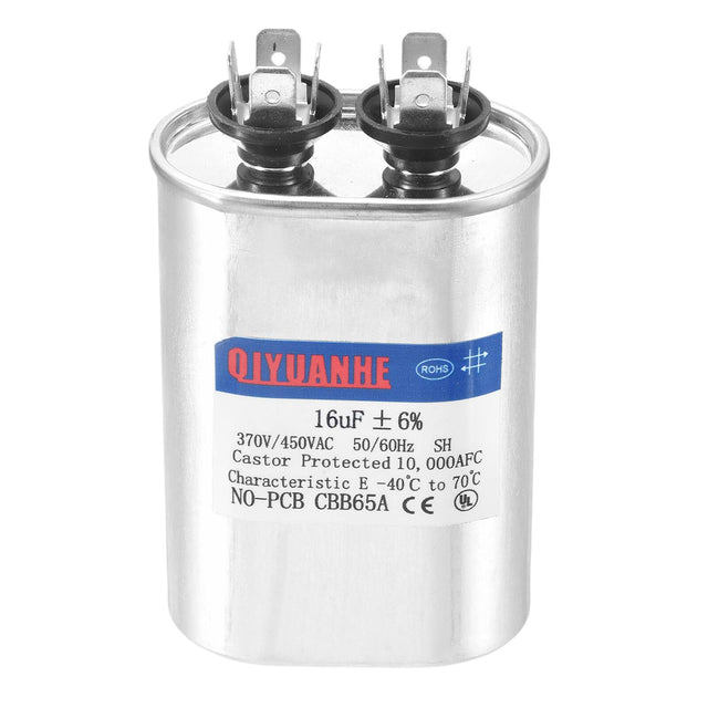 QIYUANHE  
ROHS  
16uF ± 6%  
370V/450VAC 50/60Hz  
SH  
Castor Protected  
Characteristic E -40°C to 70°C  
NO-PCB CBB65A  
CE UL