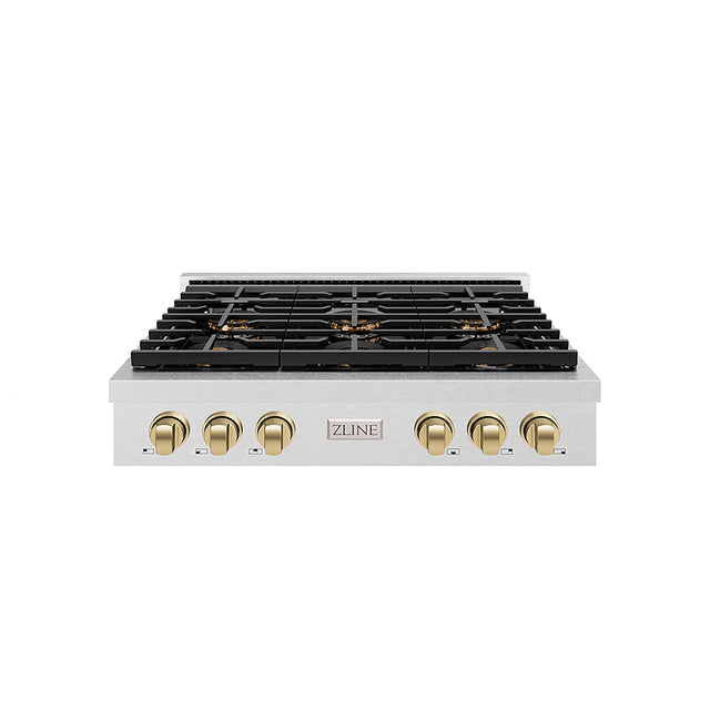 Front. ZLINE - 36 in. Wide 6 Burner Autograph Satin SteelParamount Rangetop with with Bronze Accents (PSRTSZ-36-CB) - Satin Stainless Steel.