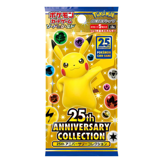 Pokémon  
25th Anniversary Collection  
25th Anniversary Pokémon Card Game  
25th Anniversary Collection  
25th Anniversary Pokémon Card Game  
5 cards included  
1 sticker included