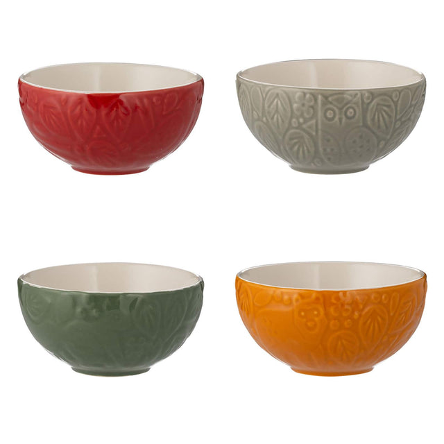 Front. Mason Cash - In the Forest Mini Bowl Set, 4 Stoneware Prep Bowls with Embossed Woodland Designs - Multicolored.