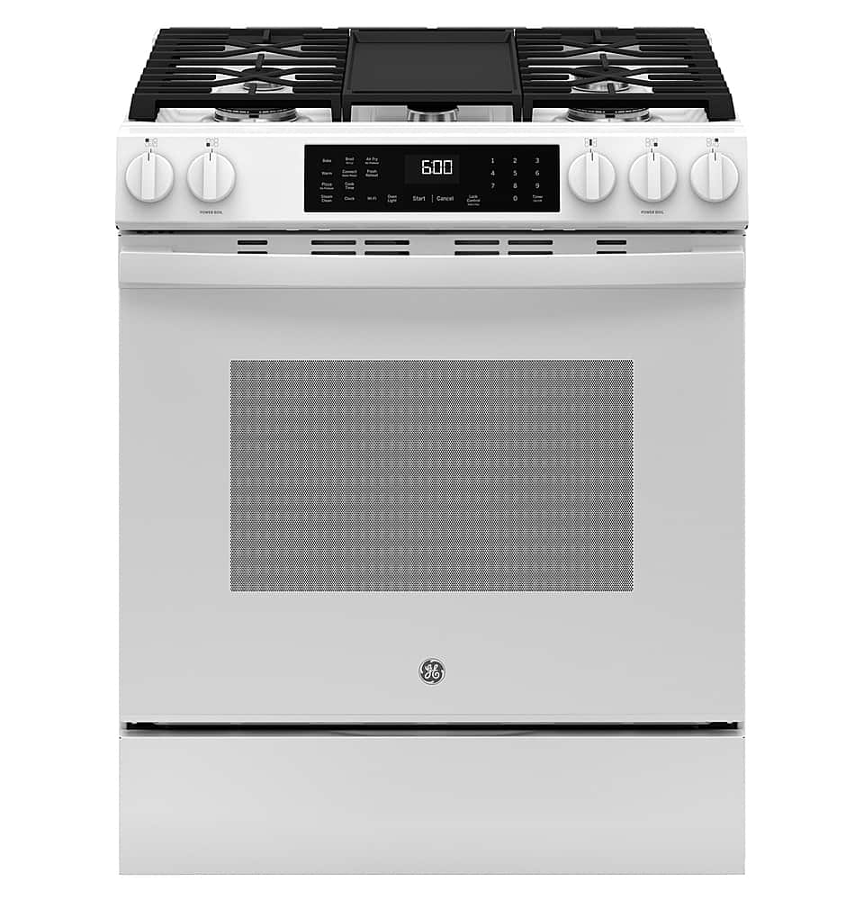 GE - 30 in. Wide 5 Burners 5.3 Cu. Ft. Slide-In Gas Convection Range with Steam Cleaning and EasyWash Tray - White