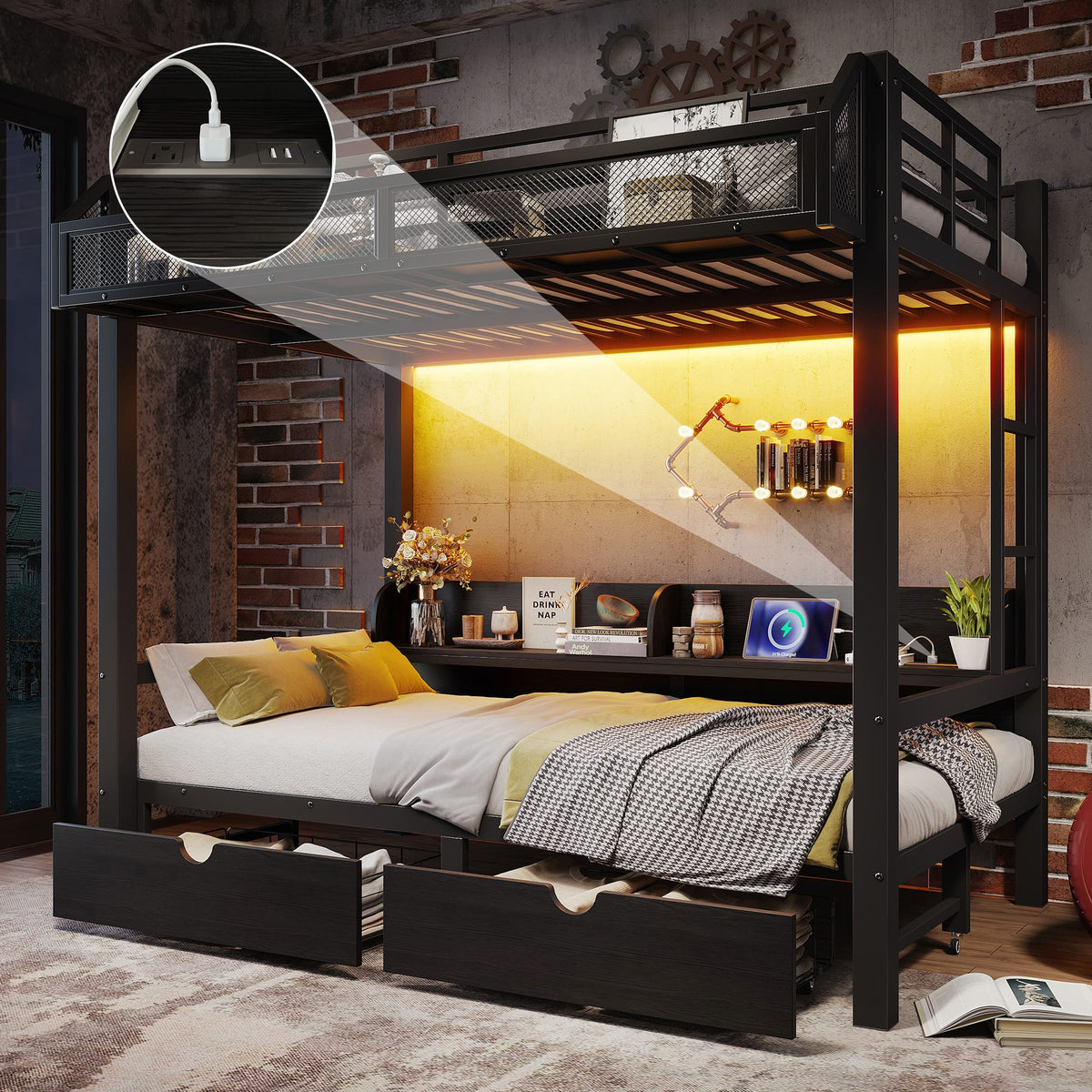 Anysun - Twin Over Twin Bunk Bed w/ Storage Shelves, Drawers, USB Ports, LED Lights, Lower Bed Converts to Sofa - Black